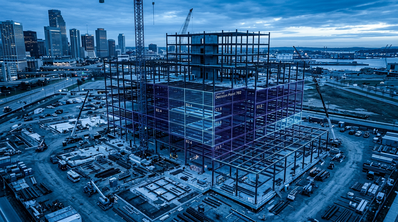Aerial view of an active construction site with a digital data-overlay grid across the steel frame