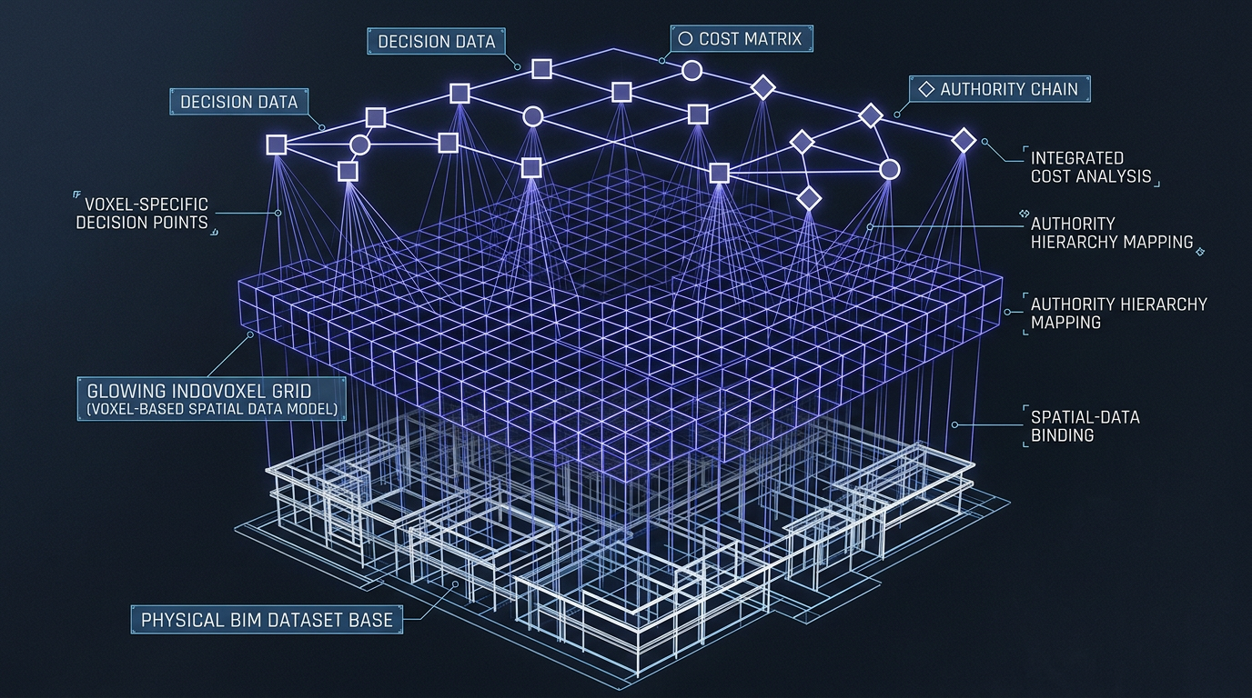 Technical diagram of the platform's spatial data model: a BIM building model with a glowing voxel grid layer above it, connected to decision and cost data nodes