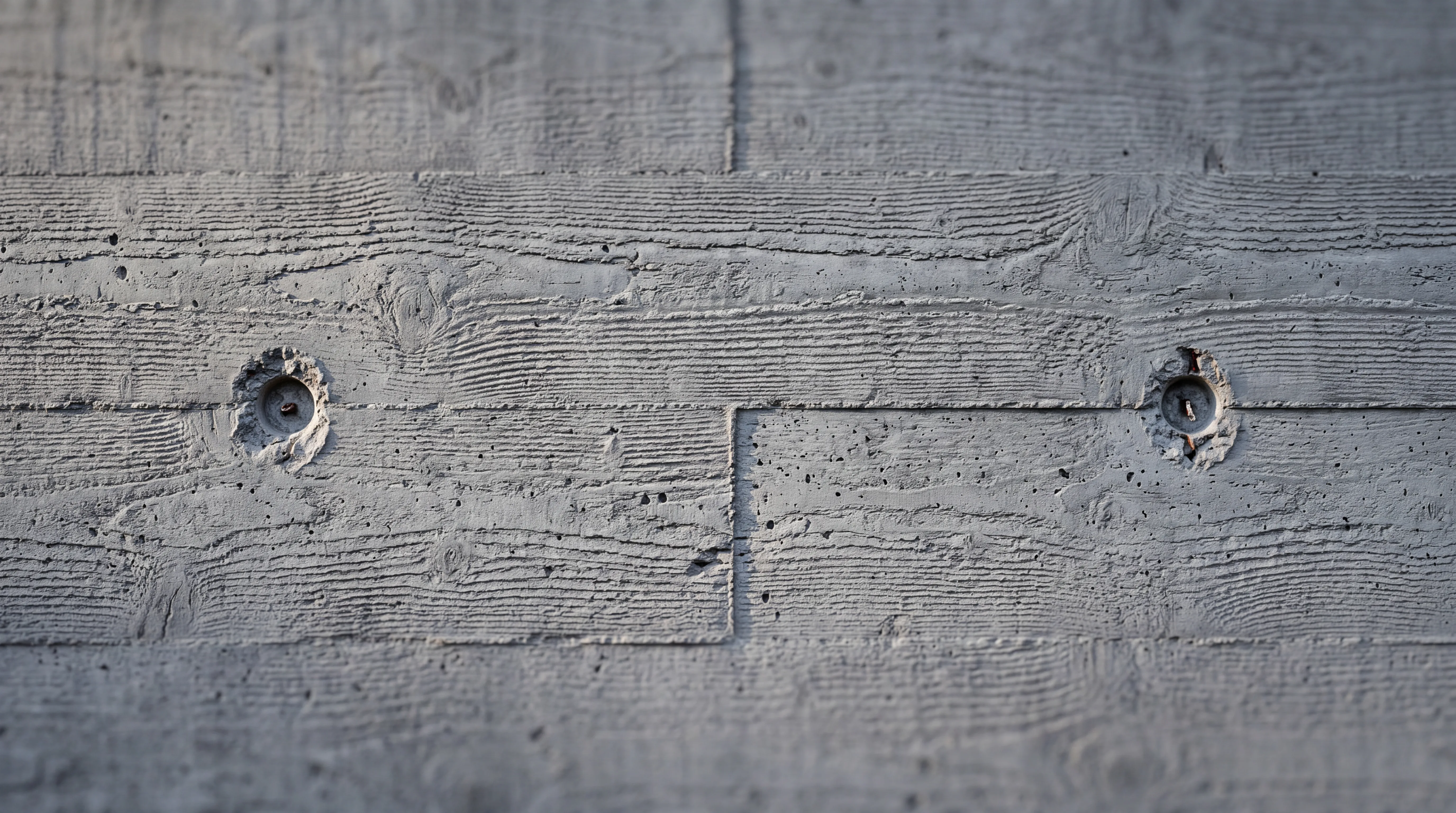 Board-formed concrete wall surface in low raking light