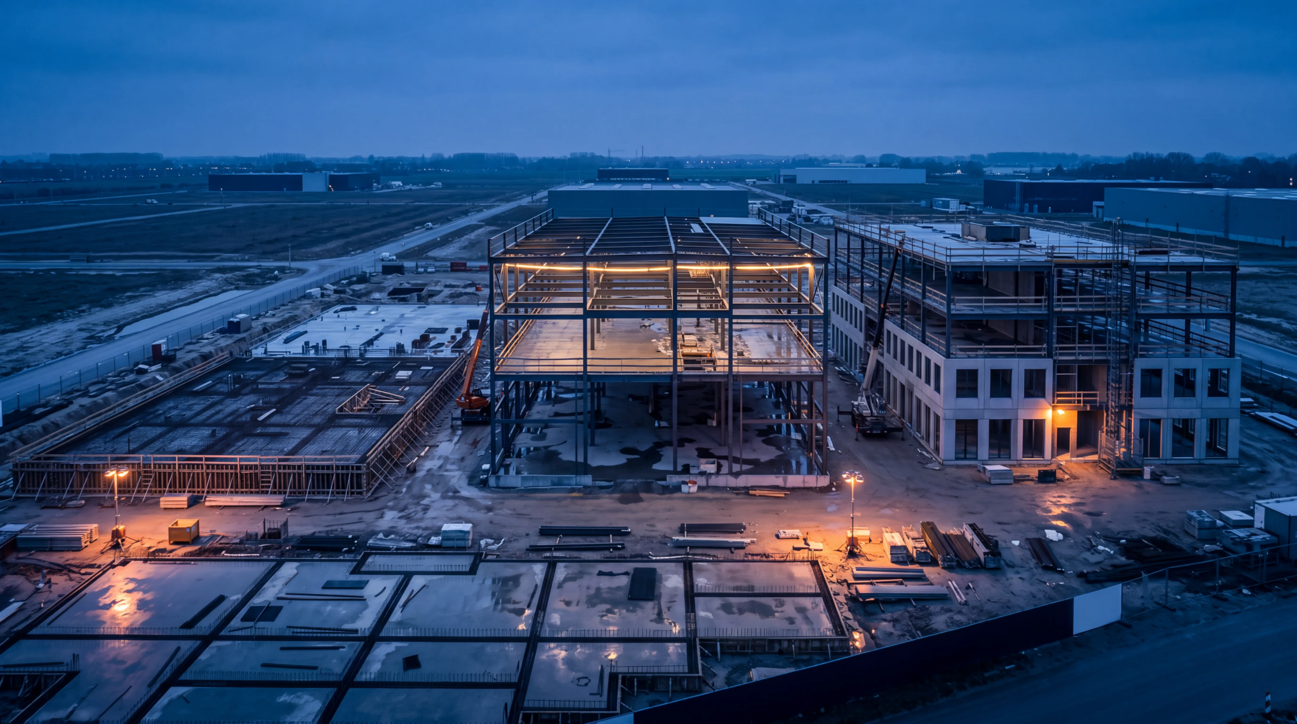 Three buildings under construction side by side at blue hour: foundation formwork, a steel frame, and a partly clad building